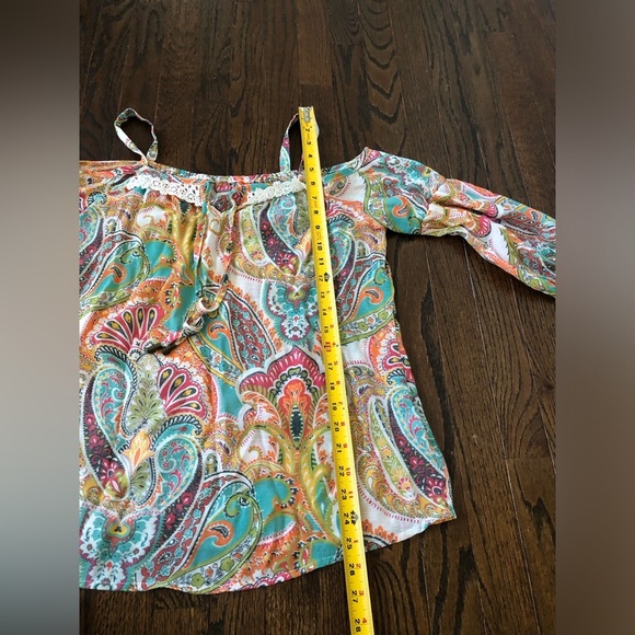 SPENSE Women’s S Orange Boho Paisley Off-The-Shoulder Puffed Sleeved V-Neck Top - Picture 9 of 11